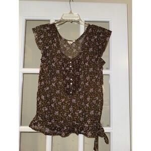 Mudd Women’s Brown Floral Gardener Flounce Blouse Ruffle Y2K Dainty Sheer Large